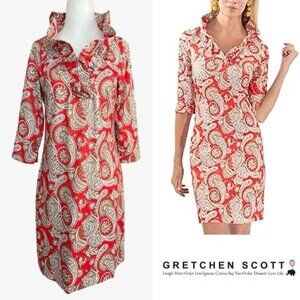 size M 8/10 NWT Gretchen Scott Ruffle neck Sheath Dress Plentiful Paisley Orange
